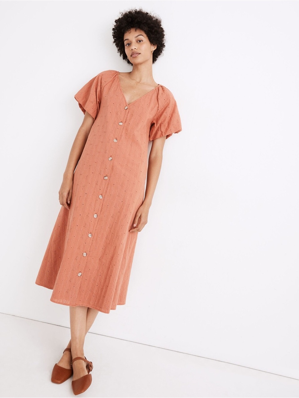 Madewell Coral Eyelet Midi Dress Puff Sleeve Button Front Cotton Size S